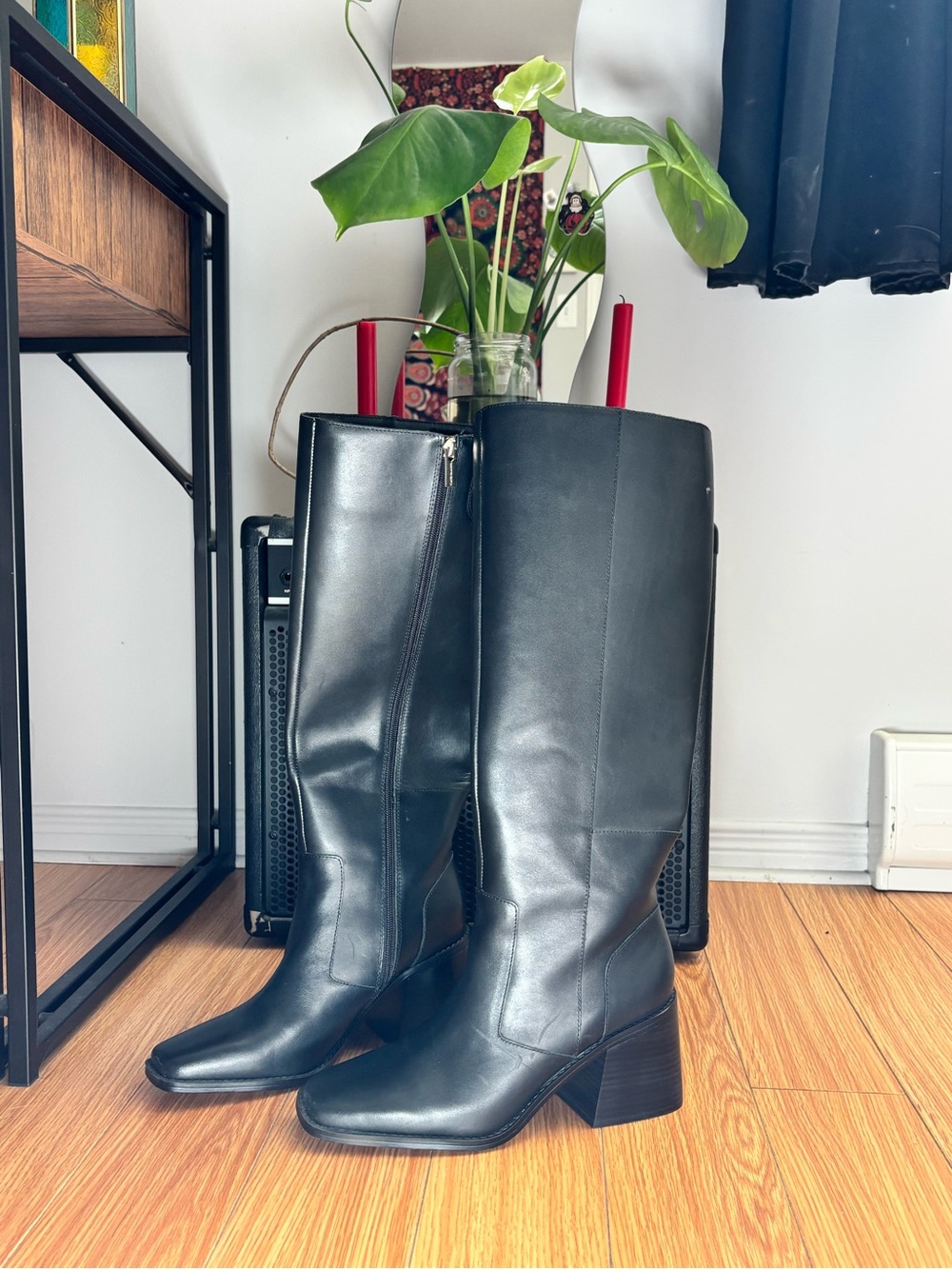 Vince Camuto Black Leather Knee-High Block Heel Boots
